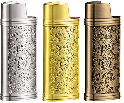 3 Stück Feuerzeughülle, Vintage Feuerzeughüllen für Mini BIC Feuerzeug,Wiederverwendbare Zinklegierung Feuerzeughülle Vintage Kreativ Gravur Feuerzeughüllenhalter, 2,3 Zoll x 0,9 Zoll x 0,5 Zoll