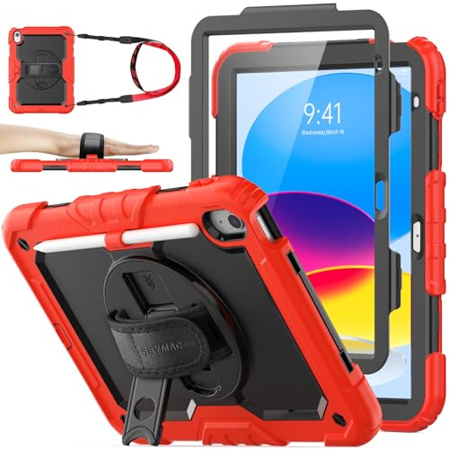 SEYMAC stock Hülle für iPad A16 11./10. Generation 11/10.9, Rot | Rundumschutz,Zwei Frontrahmen,Displayschutzfolie, 360° Drehbarer Ständer/Handschlaufe,Verstellbarer Schultergurt,Stifthalter