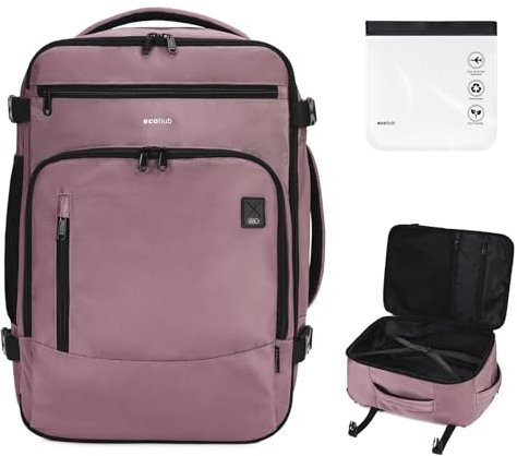 ECOHUB Easyjet Cabin Bag 45x36x20 Underseat Bag with Clear Toiletry Bag Travel Backpack Large Front Organizational Pocket Hand Luggage Recycled PET Eco Friendly Carry On Bag for Women & Men 30L Pink