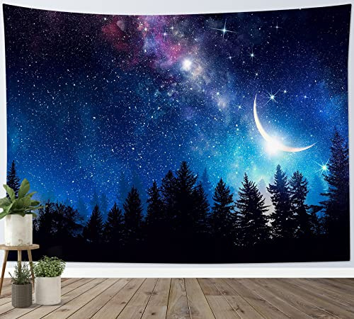 LB Wandteppich Schwarzwald Wandtuch Mond am Sternenhimmel Wandbehang Blaue Galaxie Tapisserie für Wohnzimmer Schlafzimmer Wohnheim Wanddeko,235x180cm