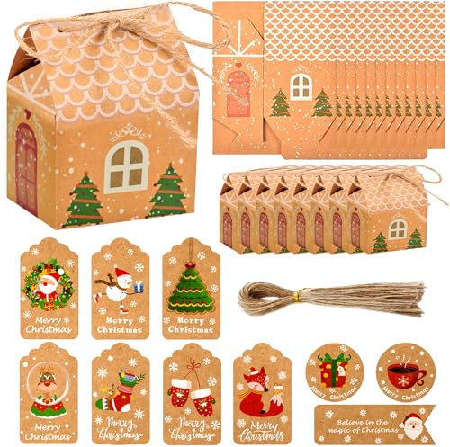 20 Stück Weihnachtsgeschenkboxen, 20 Stück Kraftpapier, Geschenkbox, Weihnachtsbox, Süßigkeitenbox, Kraftpapier-Geschenkbox für Weihnachten Partydekorationen