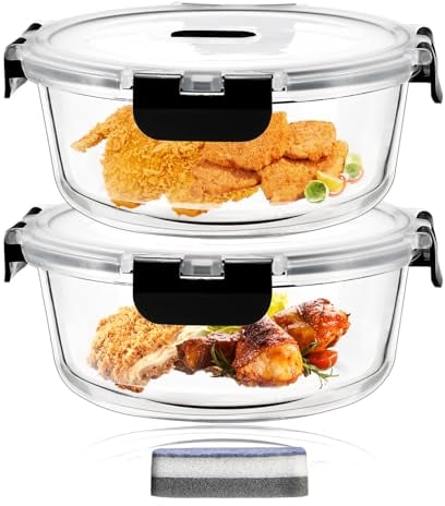 Hcrvvi Food Storage Containers Set - Glass Containers with Lids 2 Pcs, Air Tight Lock Food Container, Glass Containers 620ml, with Upgraded Snap Locking Lids, BPA Free, Meal Prep Containers Reusable