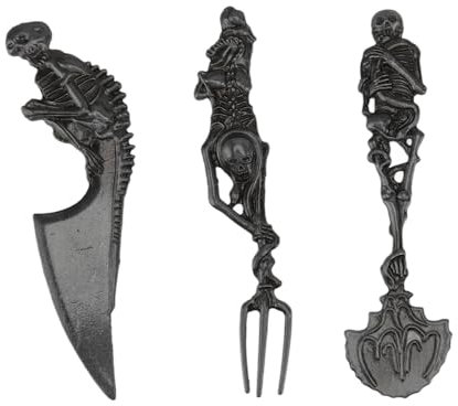 Ensemble de Couverts Squelette D'Halloween, Vaisselle en Métal Tête de Mort avec créativité et durabilité, D'Halloween (BLACK)