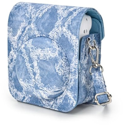 MUZIRI KINOKOO Instax Mini 12 Tasche – Denim Schutzhülle aus PU-Leder Kompatibel mit Fuji Instax Mini 12 Sofortbildkamera mit Fotofach und abnehmbaremverstellbarem Riemen – Jeansblau