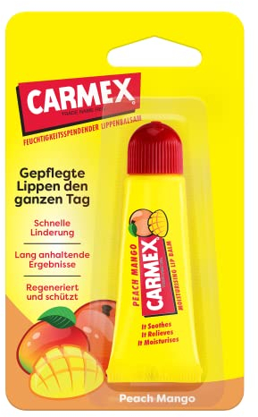 Carmex Peach Mango Tube - Lippenpflege für trockene Lippen, Lippenbalsam feuchtigkeitsspendend und beruhigend für rissige Lippen, mit Vaseline, Vitamin E und Bienenwachs - (12 x 10 g)