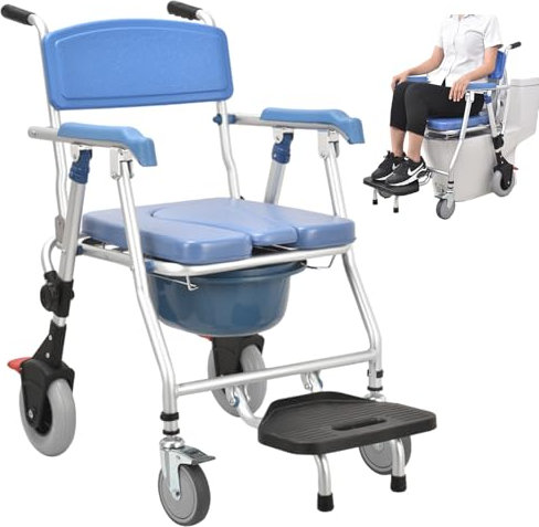 VFDZ Sedia Comoda WC per Anziani, 3-in-1 Sedia Doccia/WC Anziani con Ruote, Sedia a Rotelle per Anziani con Morbido Cuscino, Carrozzina Doccia per Disabili con WC (B)