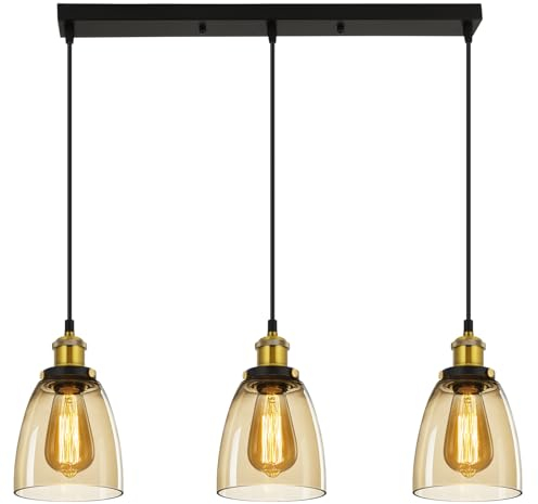 FORCOSO 3-Light Glass Pendant Lights - Vintage Pendant Lighting Ceiling with Cognac Glass Lampshade, Adjustable Height Pendant Fixture for Living Room Kitchen Island Dining Room Hallway - NO Bulbs