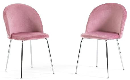 RATTATAN Sara - 2 Stühle in schlichtem oder Teddy-Samt für den Innenbereich mit Metallbeinen (Beine Silber, Samt Rosa)