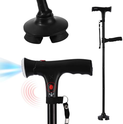 Oulisen Faltbarer Gehstock mit LED-Licht und Alarm, mit Seitengriff, zusammenklappbar, verstellbarer Gehstock, geeignet für Arthritis Behinderte und ältere Menschen, Gehstock mit gepolstertem T-Griff