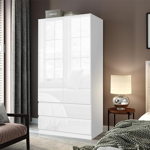 High Gloss Wardrobes for Bedroom 2 Door 2 Drawer Wardrobe with Shelf Hanging Rail Cloth Storage Wooden Wardrobe with Drawer Large Cupboard Bedroom Furniture, White