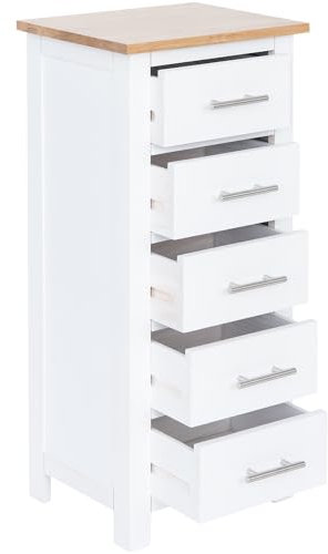 Aurotrice OAK 5 Drawers Cabinet Narrow Storage Chest of Drawers Organiser Unit with Solid wood Legs for Hallway Living Room Bedroom White