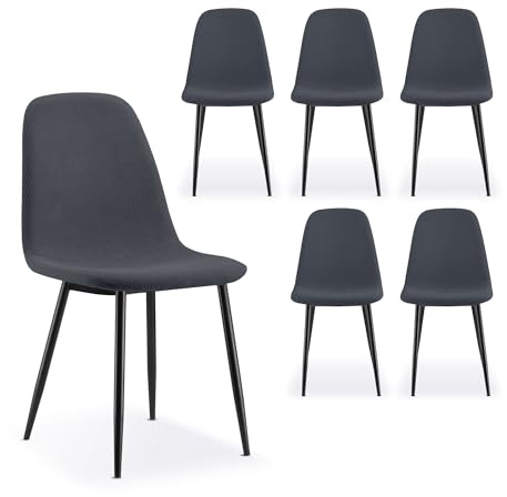 VonHaus Dining Chairs Set of 6 - Charcoal Blue Kitchen Chairs with Sturdy Black Metal Legs - Upholstered Cord Effect for Dining Room & Kitchen - Padded Backrest and Seat - Cavell