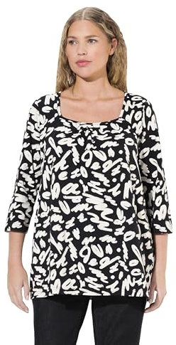 Ulla Popken Damen große Größen Übergrößen Plus Size Shirt, A-Linie, Zierfalten, Carree-Ausschnitt, 3/4-Arm schwarz 54+ 834108100-54+