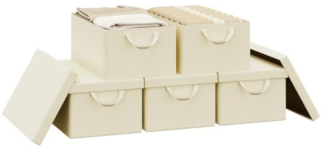 WOLTU Storage Boxes Set of 5, Storage Baskets, Storage Cubes with Handles and Lid, Fabric Folding Baskets for Shelves in Bedroom, Study, Children's Room, with Metal Frame, Cream,48x20x29 cm