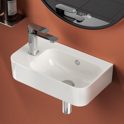 EMKE Lavabo 450 x 265 x 155 mm, Petit à Poser, Robinet à Gauche, Suspendu à Fixer au Mur pour WC Invités et Salle de Bain, Blanc Brillant
