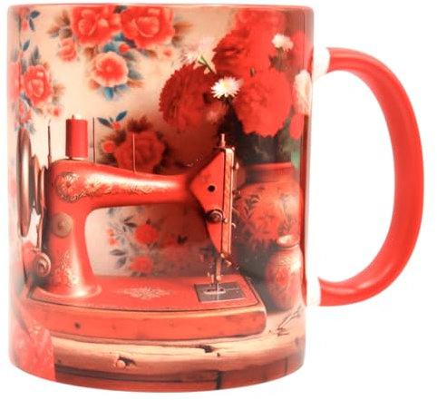 Shopi Zone Taza de Cerámica con Diseño de Máquina de Coser Roja y Flores - Estilo Vintage y Elegante