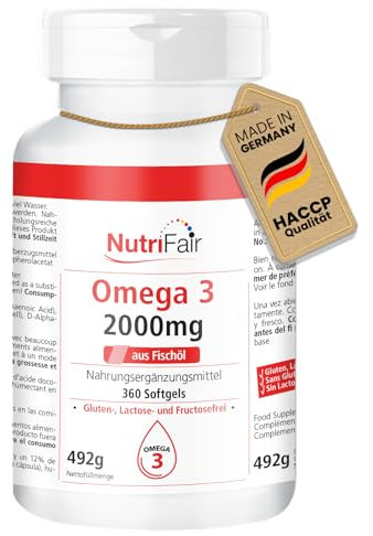 Omega 3-360 softgels - 2000mg d'huile de poisson - avec EPA, DHA & vitamine E - Hautement dosé - Production allemande & tests en laboratoire - NutriFair | Premium & Fair