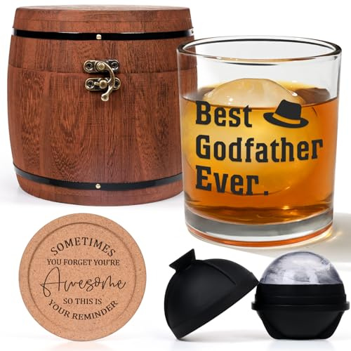 Futtumy Ensemble de verres à whisky « Best Godfather Ever » - Cadeau de demande en parrain pour homme, fête des pères, anniversaire - Verre à l'ancienne de 283,5 g - Tonneau en bois, machine à glaçons