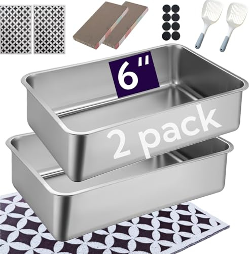 Spindro Edelstahl Katzentoilette 2er Set mit hohem Rand | geruchsneutral & leicht zu reinigen | rutschfeste Metallwanne für Katzen und Kleintiere, 50cm×35cm×15cm