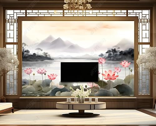 Papier Peint Intissé Paysage De Lotus À L'Encre Poster Tableaux Muraux Tapisserie Photo Trompe L'Oeil Salon Chambre Art Mural 150Cm(L) X105Cm(H)