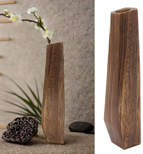yeeplant Jarrón alto de madera para flores sintéticas, maceta decorativa de madera de paulownia quemada para oficina, hogar y cafetería