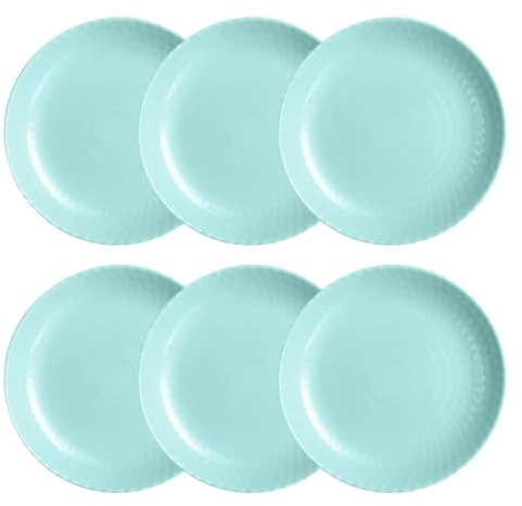 Luminarc Set de 6 platos llanos Pampille de vidrio opal 25 cm | Turquesa, Vidrio opal, formato redondo, acabado con relieve, 25 cm, 6 piezas, apilable, apto para microondas