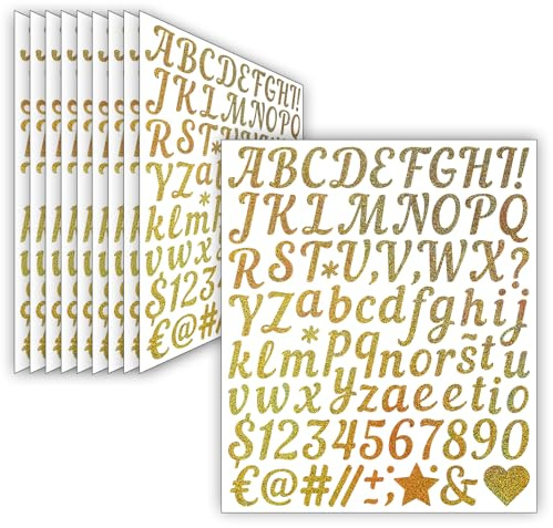 10 Blätter Glitzer Selbstklebende Buchstaben Aufkleber, 880 Stücke Wetterfeste Vinyl Alphabet Nummern Sticker (2.5 cm), Klebebuchstaben für DIY Scrapbooking, Postfach, Grußkartendekoration (Gold)
