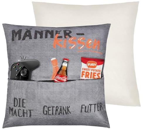 Wusboo Männerkissen mit Taschen für Bier 45x45 cm | Geburtstagsgeschenk für Männer Opa Papa, Personalisierte Geschenke Männer für Bier, Fernbedienung und Snacks