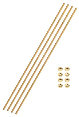 sourcing map 4 Sets Brass Fully Threaded Rod, M2x0.4mm Pitch Right Hand Threads Studs with Solid Brass Hex Nuts, 150mm/6 Long Threaded Screw Rods Fasteners for Anchors Bolts Hangers Clamps