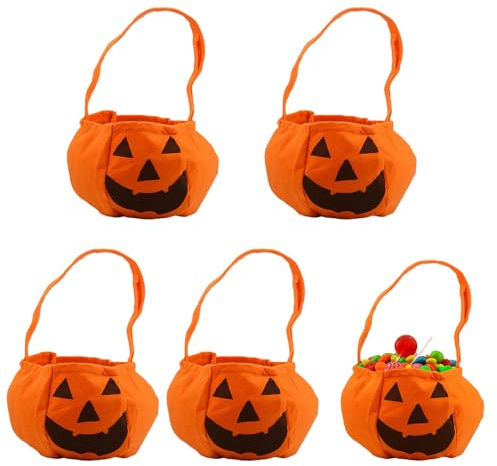5 Stück Halloween Korb, 28 x 16 cm Orange, Halloween Tasche für Kinder, Süßigkeitenbeutel aus Vliesstoff, Ideal für Trick or Treat und Partydekoration