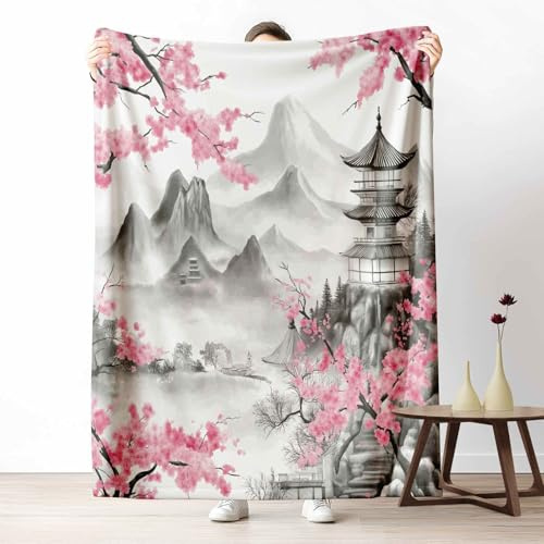 Kuscheldecke für den Winter, Warme Asiatischer Stil Berg Fleecedecke für | Kalte Tage Japanische Kirschblüten Flanelldecke Landschaftsmalerei Nebel Sofadecke Flauschig Weich für Bett Couch, 150x200 cm