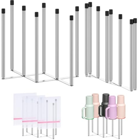 Rlvgqu 2 Pcs Foldable Bottle Drying Rack Stainless Steel Plastic Bag Drying Racks with Silicone Caps 8 Poles Space-Saving Countertop Organizer Dryer Rack for Cup Water Bottles Dish Plate Bag