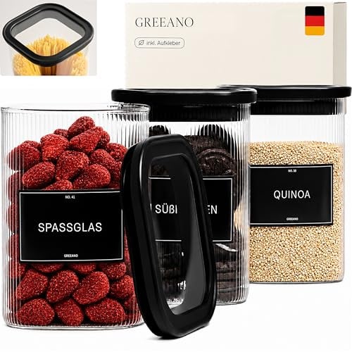 Greeano Riffel Vorratsgläser eckig mit Glasdeckel 1000ml [3er Set] | luftdicht & mottensicher | Vorratsdosen Glas | Aufbewahrungsgläser Küche für Lebensmittel, Nudeln, Mehl, Müsli, Kaffee