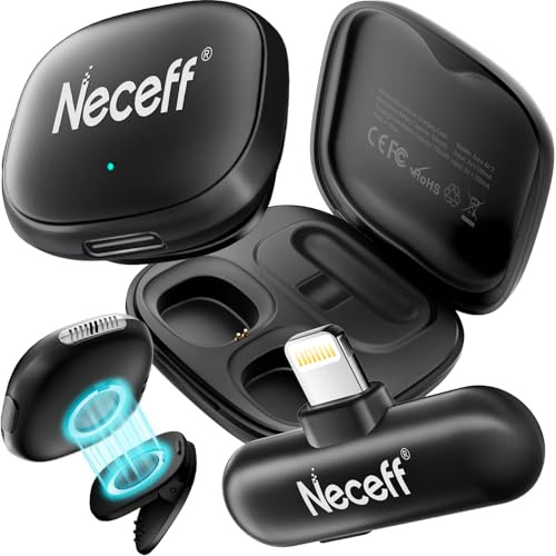 Neceff Wireless Lavalier-Mikrofon für iPhone 14 13 12 11 Pro Max, Lightning-Ansteckmikrofon mit KI-Rauschunterdrückung & Magnetclip, 48kHz Hi-Fi Mini-Mic für Vlog TikTok YouTube, 2er-Pack