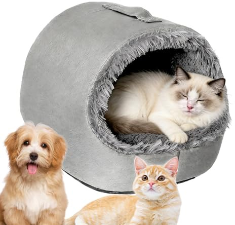 Geschlossenes Bett für Katzen: Haustierhöhle, bereit für den Winter, Plüschfutter, bequemes halbgeschlossenes Schlafhaus für Kätzchen und Welpen, leichtes, weicher und langlebiger Stoff | Lug