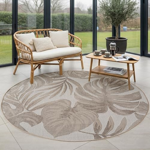 Carpettex Outdoor Teppich Rund 160 cm Beige, Wetterfest UV beständig, Terrasse Garten Wohnzimmer Teppich Indoor Outdoor, Palmblätter Design Pflegeleicht robust drinnen und