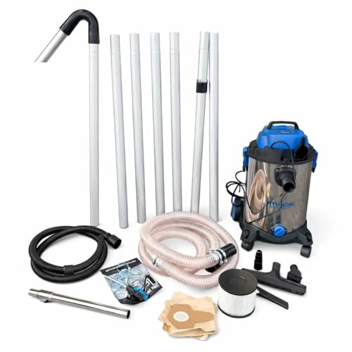Gutter Cleaning System 30L Industrial Wet & Dry Vacuum Cleaner with Blue 25ft (7.5m) Long Reach Gutter Pole Kit 1400W Triple Motor
