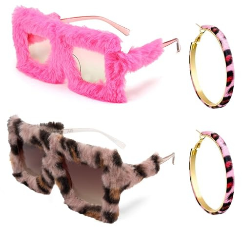 GTYHH 2 Paia di Occhiali da Sole in Peluche con Montatura Grande E 1 Paio di Orecchini Rosa Leopardati, Occhiali da Sole alla Moda in Stile Europeo E Americano, Decorazioni Fotografiche per Feste.