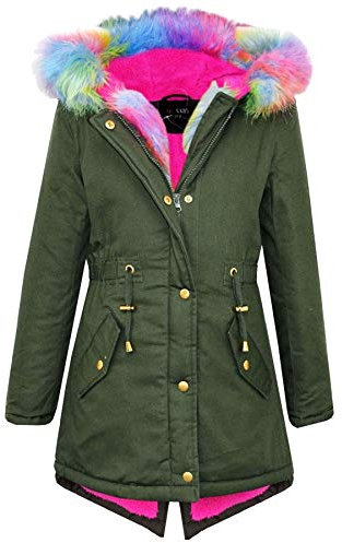 A2Z 4 Kids Faux Fur Lined Parka Hooded Jacket Girls Rainbow Faux Fur - Parka Jacket Rainbow Fur Khaki 11-12