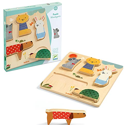 Djeco DJ01051 Holz Puzzle Woodypets Dicke Puzzleteile Tiere Ab 12 Monate Bunt