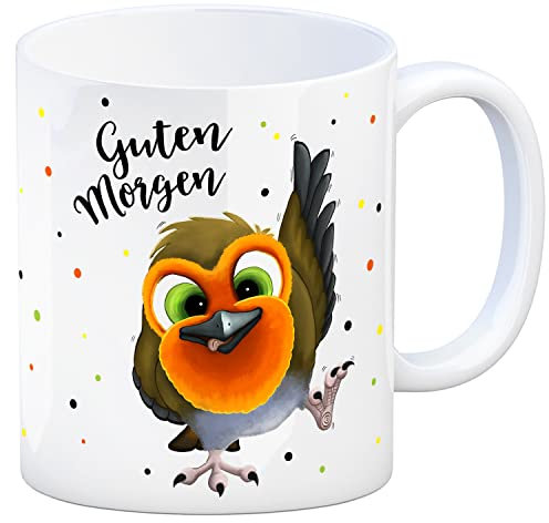 trendaffe Kaffeebecher mit Rotkehlchen Motiv und Spruch: Guten Morgen