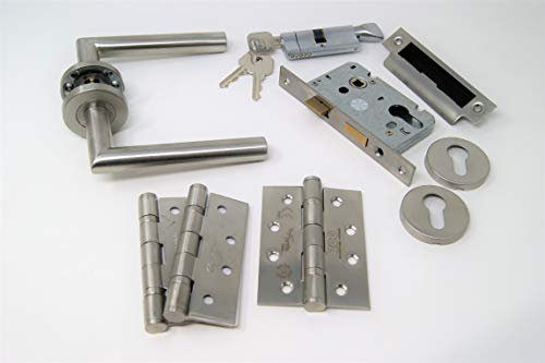 Mitred Handle Pack Cylinder & Turn Lock Set C/w Hinges - for 44/45MM FIRE Door, Satin Stainless Steel