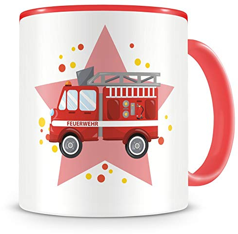 Samunshi® Kinder-Tasse mit Feuerwehr Auto als Motiv Bild Kaffeetasse Teetasse Becher Kakaotasse rot