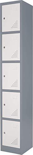 The Workplace Depot 5 Door Heavy Duty Steel Locker, Grey, 1800x300x300mm | Grey & White, 1800 x 300 x 300mm, Secure Metal Storage for Offices, Warehouses, Staff Rooms 5 Door, Heavy Duty.