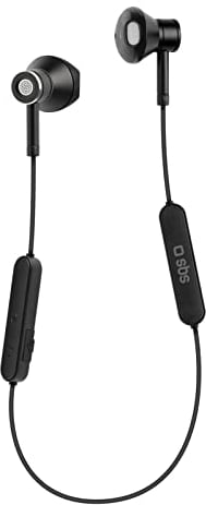 SBS Wireless stereo multipoint semi in-ear earphones, magnetic closure, integrated microphone, controller with multifunction buttons, 2 headband grommets included