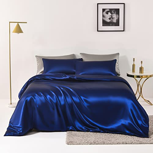 Chanyuan Bettwäsche Set Glatt Satin 135x200 4teilig Dunkelblau Einfarbig Bettbezüge mit Reißverschluss 100% Angenehm Glanzsatin Polyester - 2 Bettbezüge 135 x 200 und 2 Kissenbezüge 80x80 cm