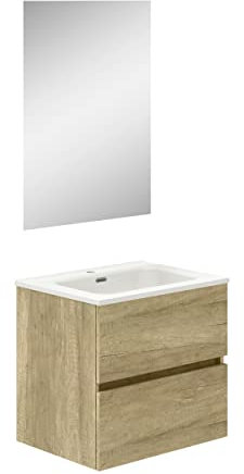 Baikal Bagno Onyx, 2 cassetti, sospeso a Parete, con lavabo in Ceramica. Mobile Montato, Melamina 16, 21, Natura, 60 cm