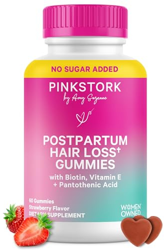 Pink Stork Postpartum Hair Loss Gummies | Biotin, Pantothenic Acid, Vitamin E, B6, B12 | Postnatal Hair Growth + Regrowth Support | Breastfeeding-Friendly | Postpartum Essentials | 60 Gummies