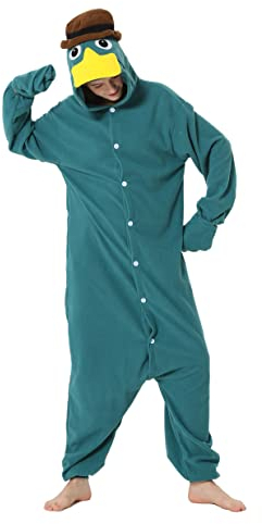 LorranTree Schnabeltier Kostüm Onesie Perry Platypus Tier Kostuem Damen Herren Schlafanzug Weihnachten Karneval Einteiler YZS-Green-L