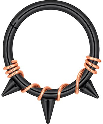 Longbeauty 16G 1.2mm Edelstahl Piercing Ringe Segmentring Clicker Nasenringe Ohrringe Nahtlose Hoops Spikes für Tragus Knorpel Septum Helix, 8mm, Schwarz/Rosegold